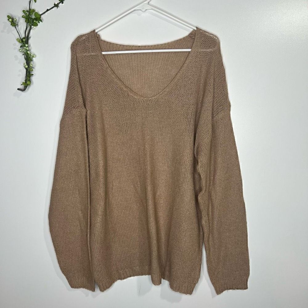Tan Camel Oversized V-Neck Lightweight Layering Sweater